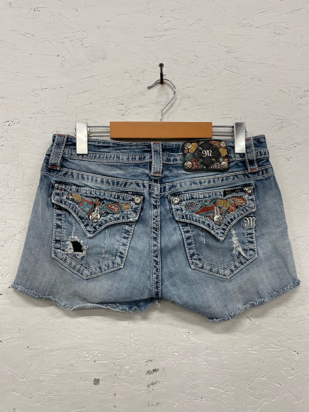 Y2K Miss Me Cut-Off Embroidered Denim Shorts, Size 29